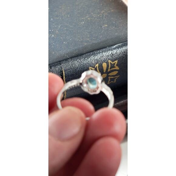 Stunning Rhodium-Plated Size 9 Ring with Aqua Blue Gemstone and Halo Accents - Picture 6 of 11
